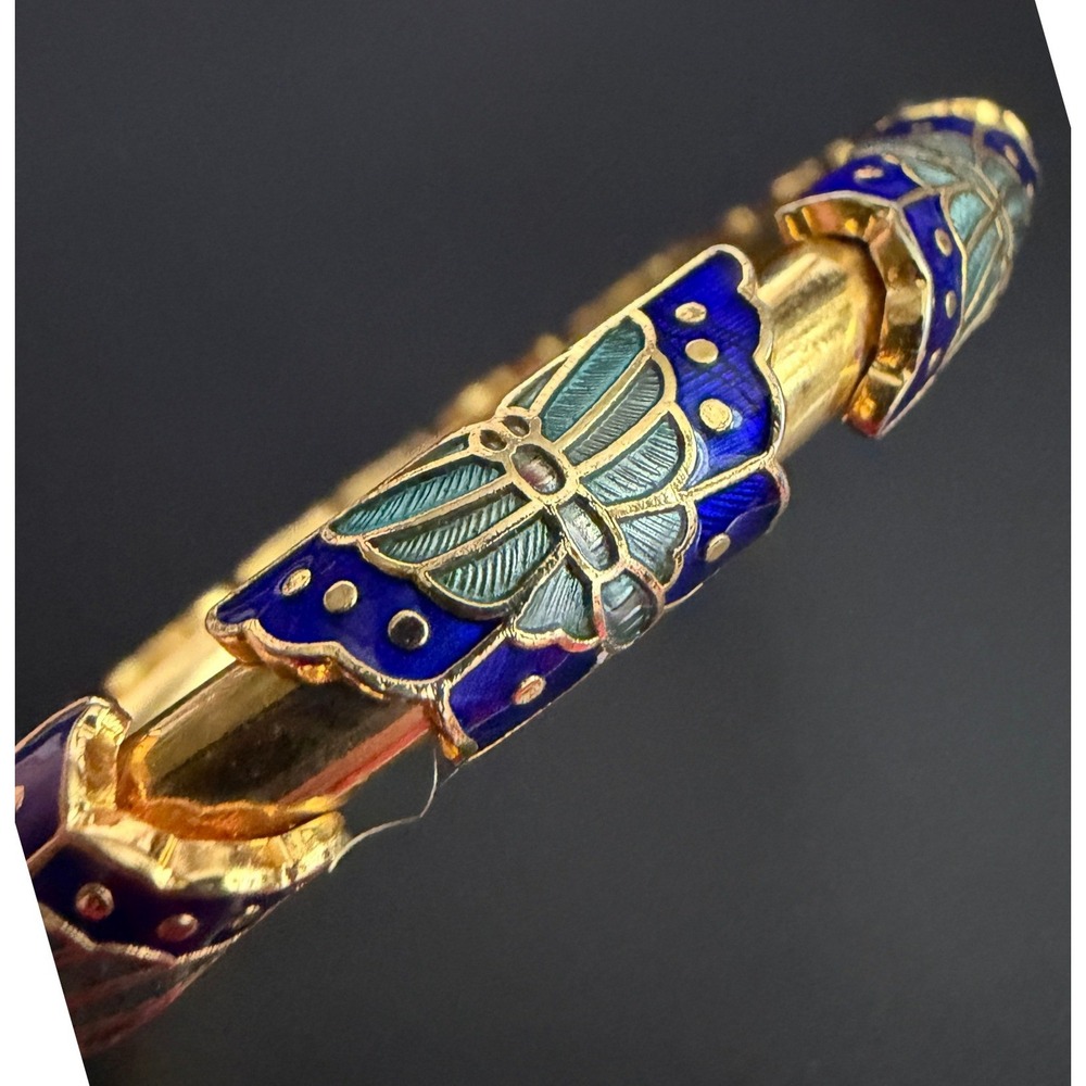 Vintage Cloisonne Butterfly Bangle Bracelet Gold Tone Blue Green